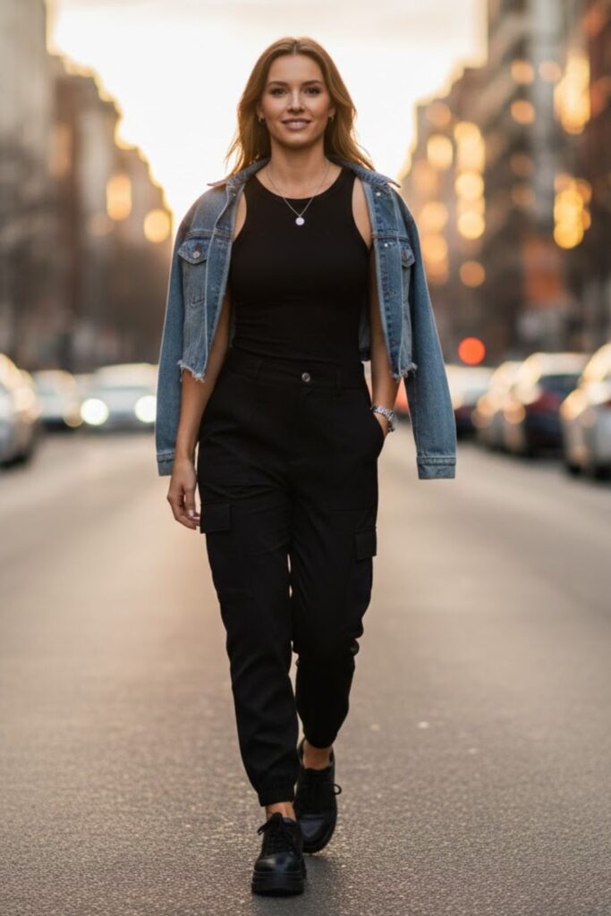 2. Black Cargo Pants With a Black Fitted Tank Top