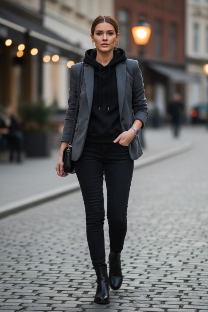 2. Black Hoodie with Tailored Blazer and Black Jeans