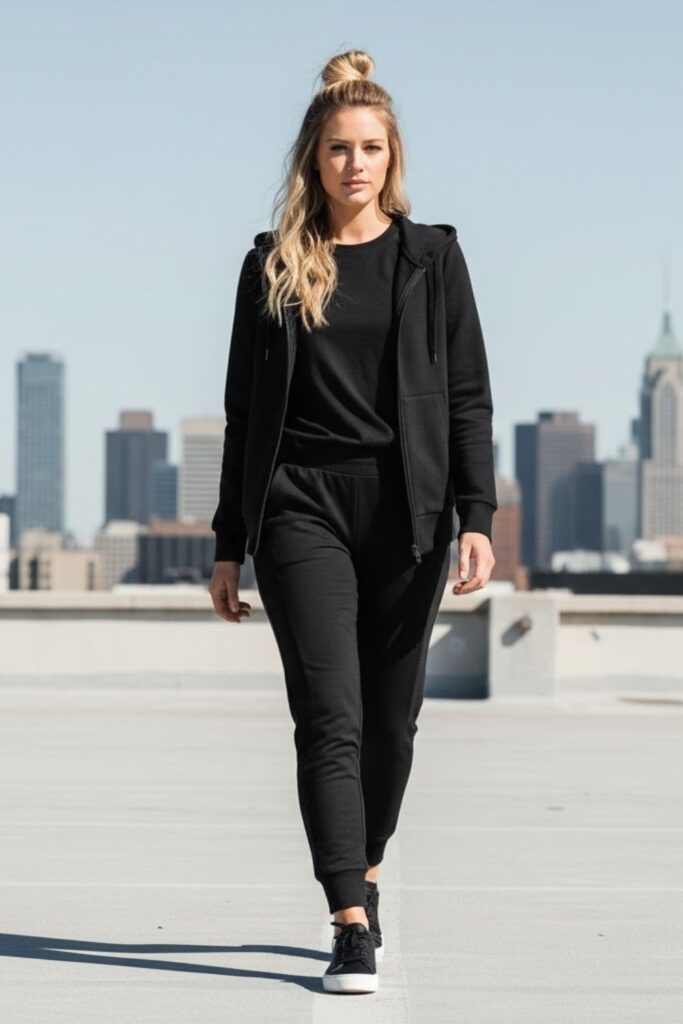 2. Black Zip Up Hoodie with Black Joggers and Sneakers