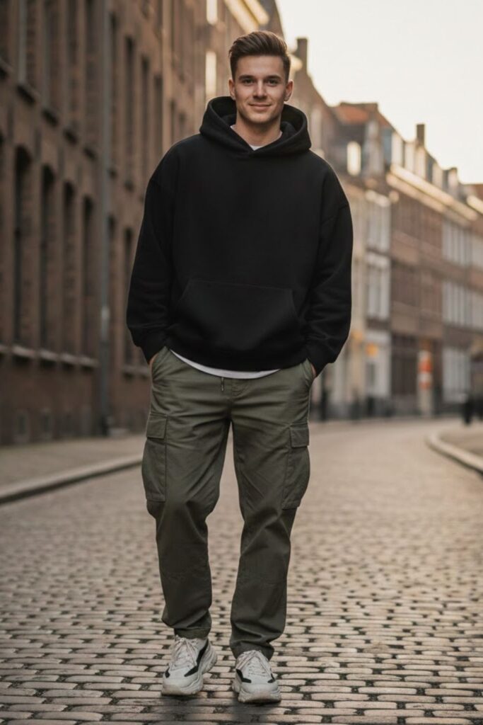 2. Green Cargo Pants with a Black Hoodie