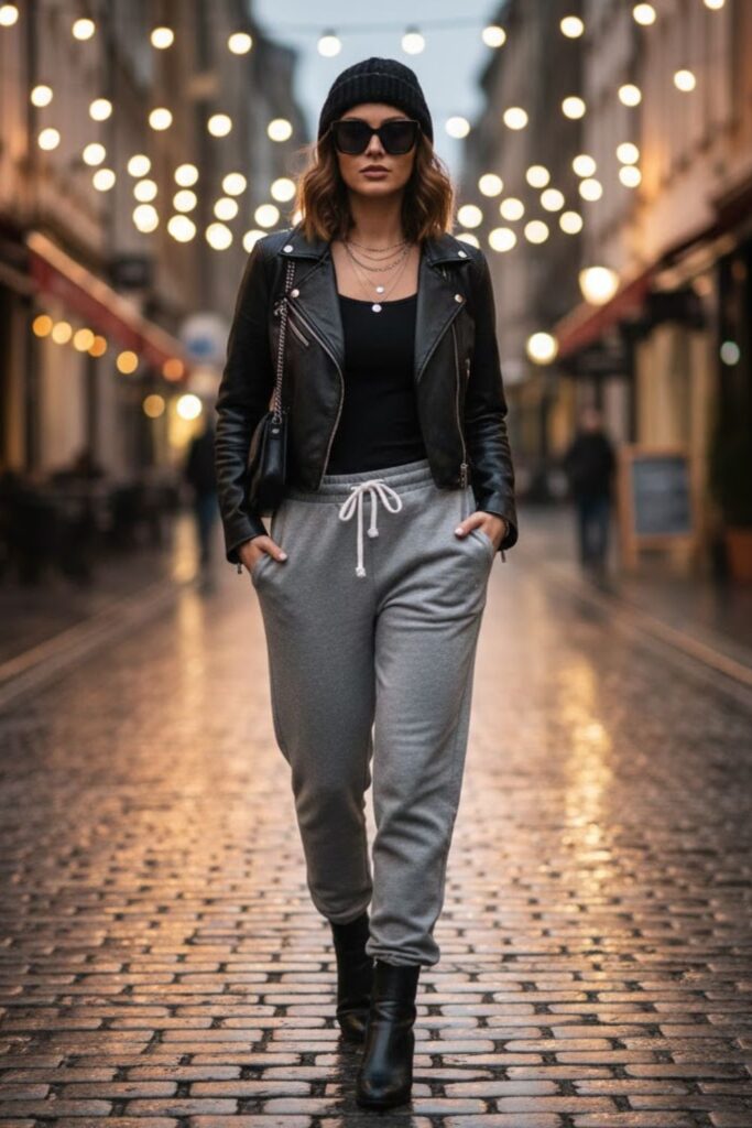 2. Grey Sweatpants with a Black Leather Jacket