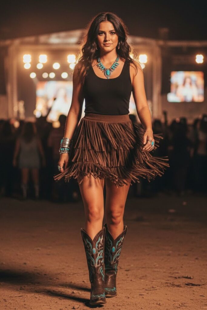 2. Turquoise jewelry + black tank + fringe skirt