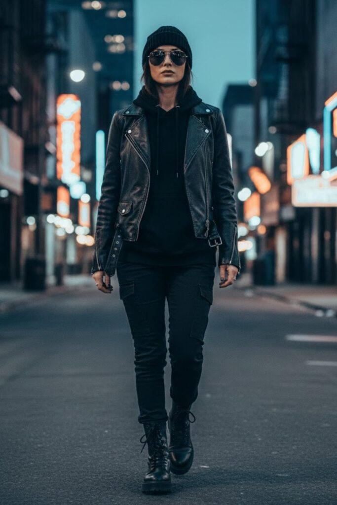 3. Black Hoodie with Leather Jacket and Black Boots