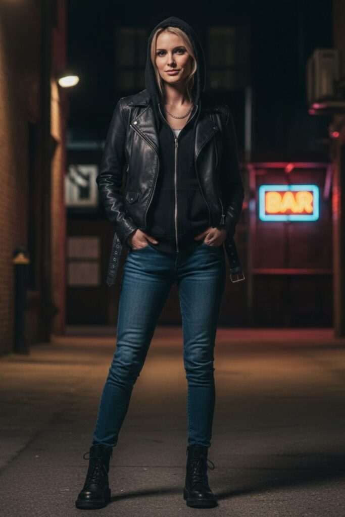 3. Black Zip Up Hoodie with Leather Jacket and Jeans