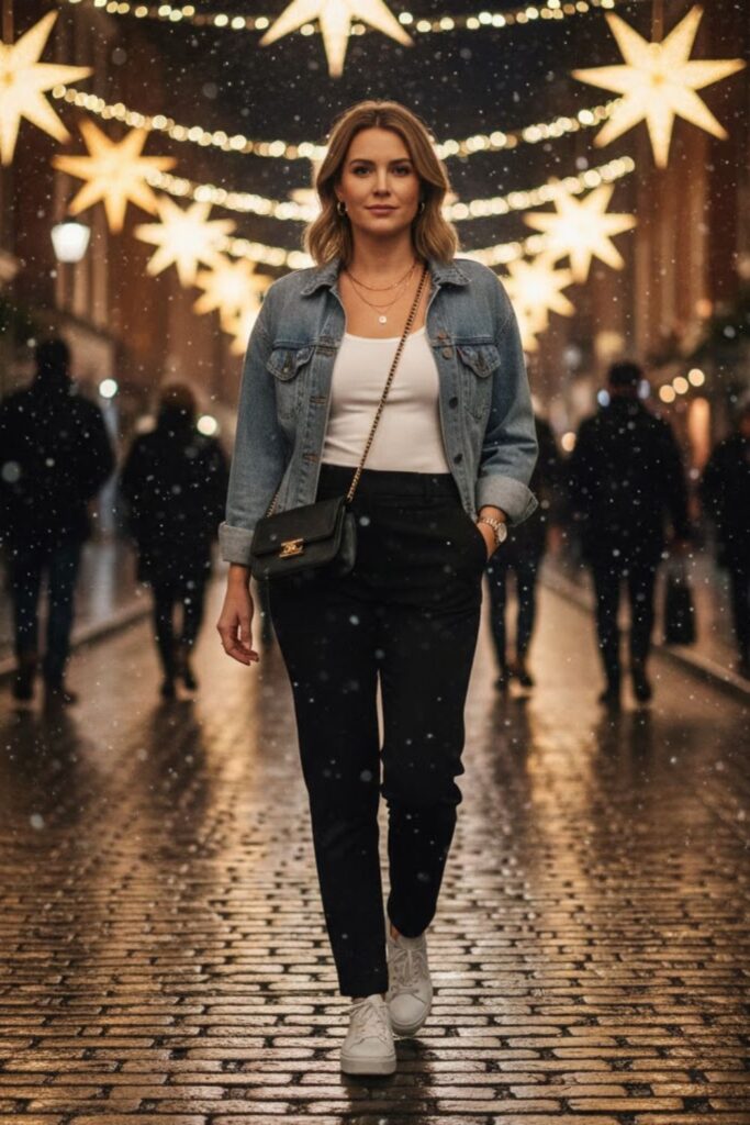 3. Casual Black Trousers with a Denim Jacket