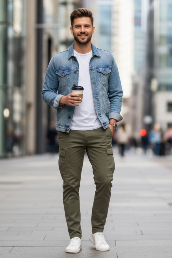 3. Green Cargo Pants with a Denim Jacket