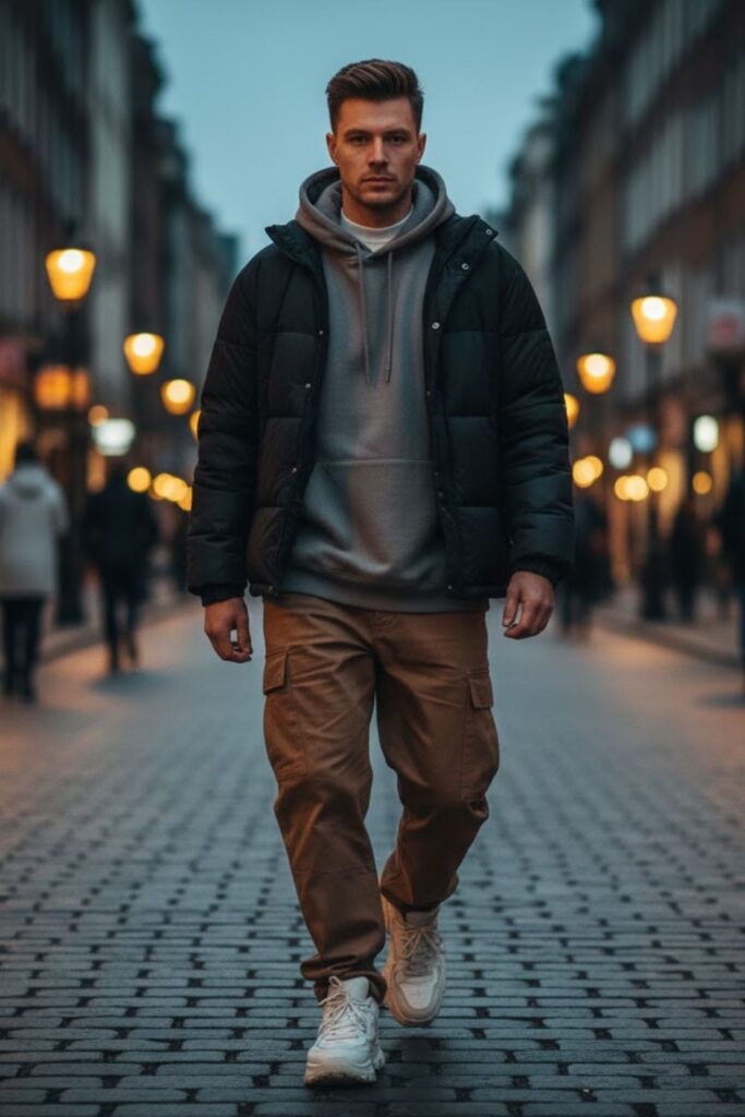 3. Grey Hoodie With Brown Cargo Pants