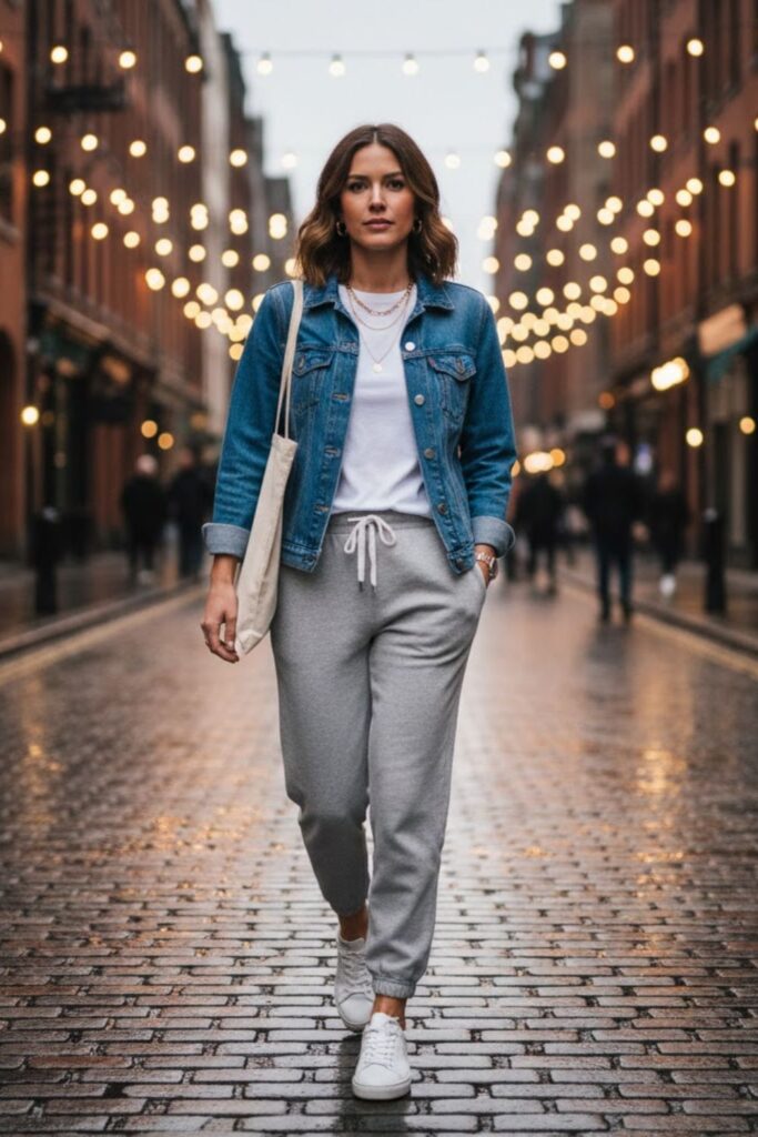 3. Grey Sweatpants with a Denim Jacket