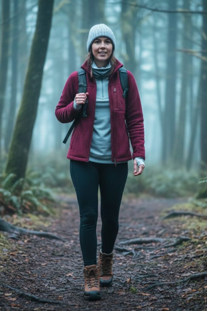 3. Layered Look with Leggings, Fleece Jacket, and Hiking Boots
