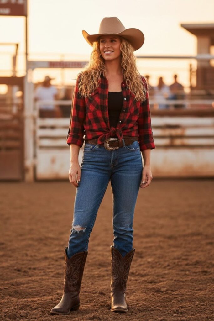 3. Plaid shirt + denim jeans + boots