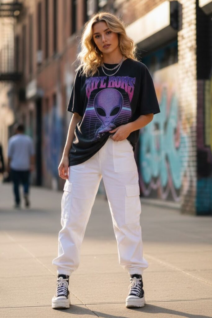 3. White Cargo Pants With an Oversized Graphic Tee