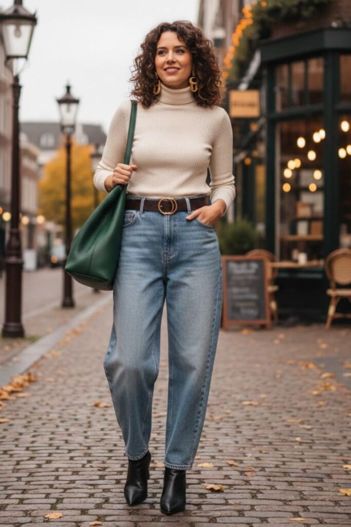 4. Baggy High-Waisted Jeans with Turtleneck Sweater