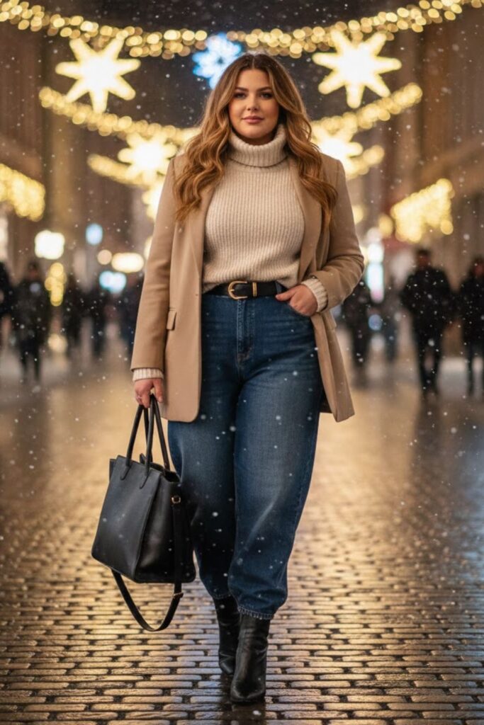 4. Beige Blazer and Dark Baggy Jeans