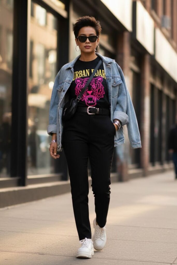 4. Black Trousers with Casual Graphic Tee