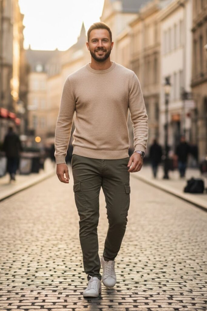 4. Cargo Pants With a Crewneck Sweater