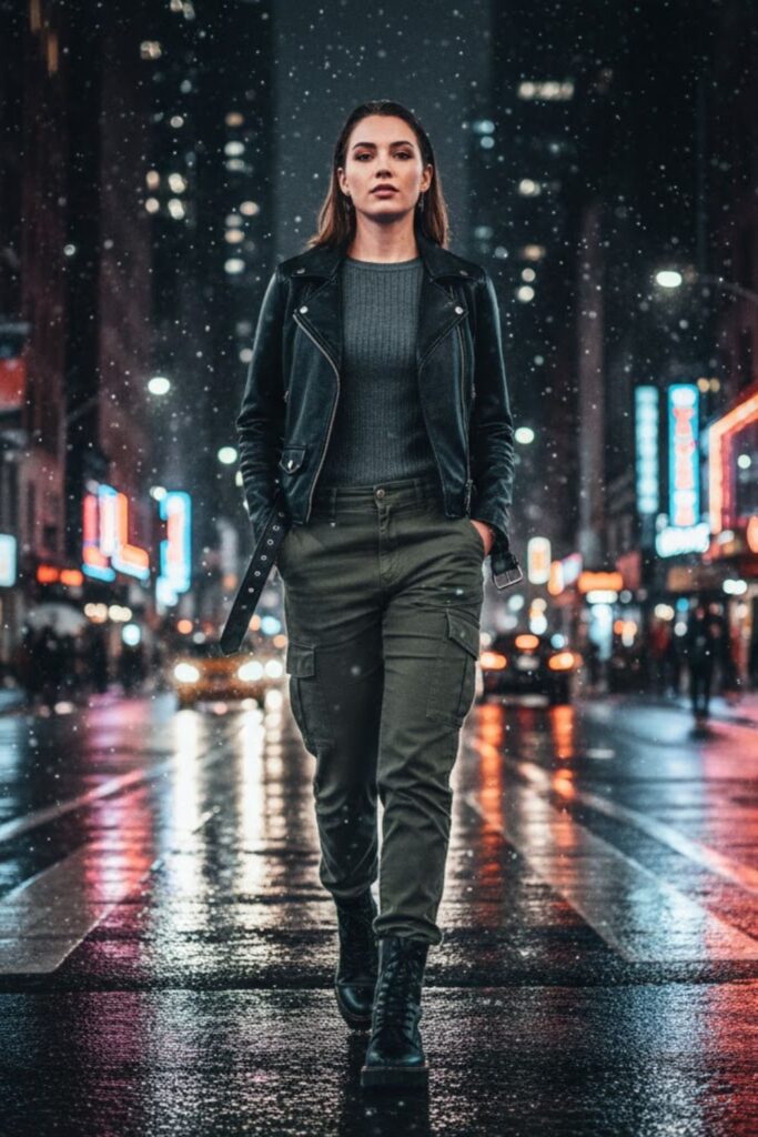 4. Cargo Pants With a Leather Jacket