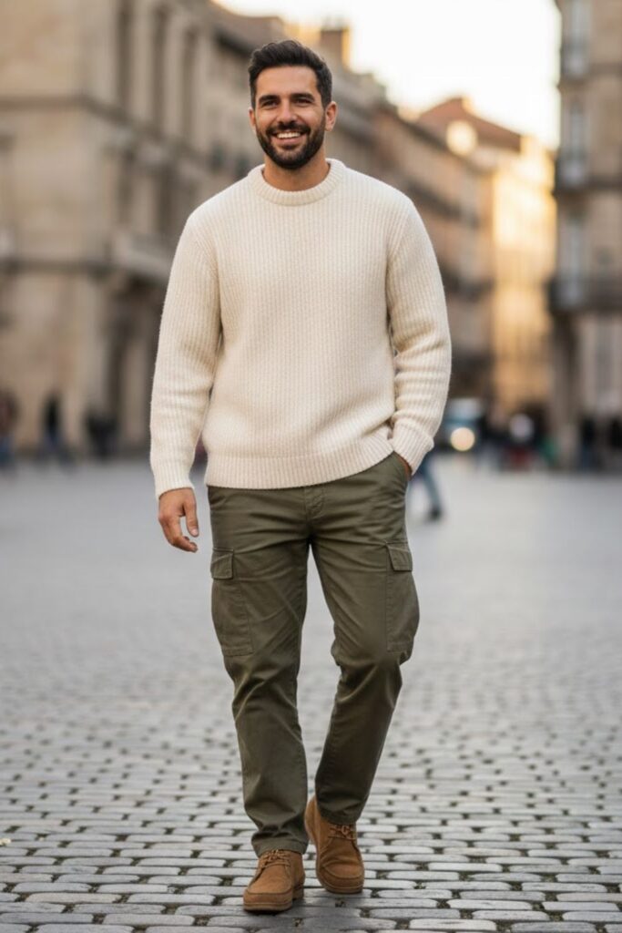 4. Green Cargo Pants with a Beige Sweater