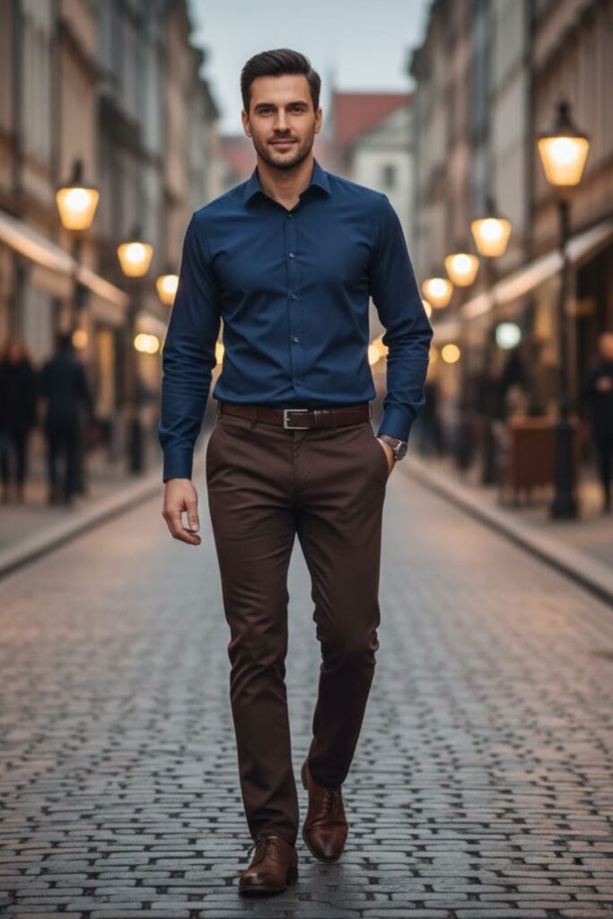 4. Navy Button-Down Shirt With Chocolate Brown Pants