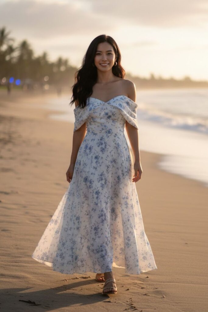 4. Off-Shoulder Dress for Beach Evenings