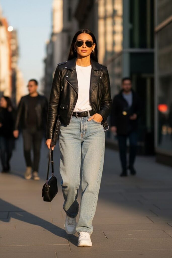 5. Baggy High-Waisted Jeans with Leather Jacket