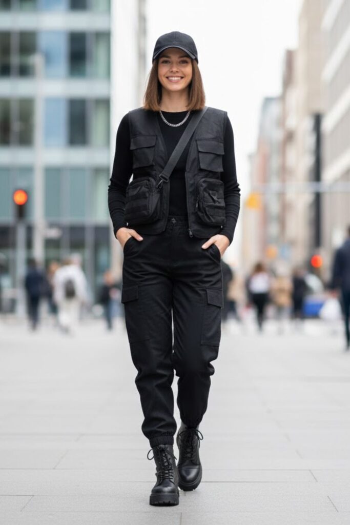 5. Black Cargo Pants With a Utility Vest and Long-Sleeve Shirt
