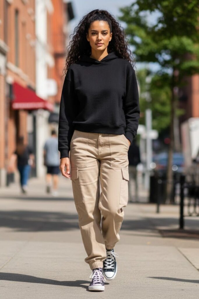 5. Black Hoodie with Cargo Pants and High-Top Sneakers