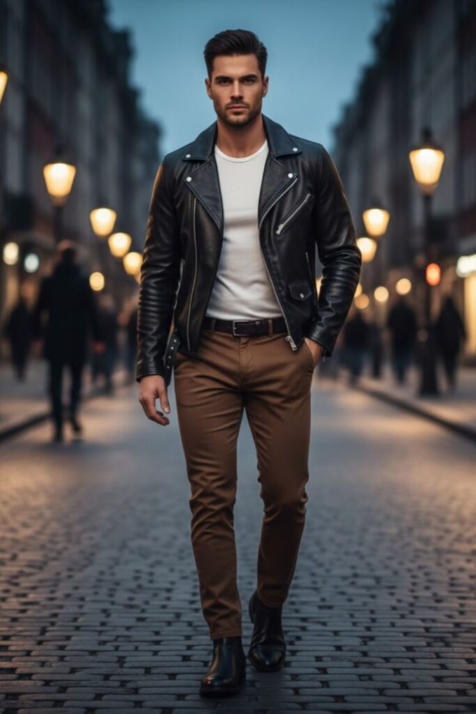5. Black Leather Jacket With Brown Slim Pants
