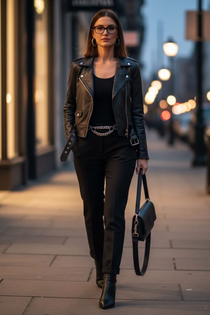 5. Black Trousers with Leather Jacket