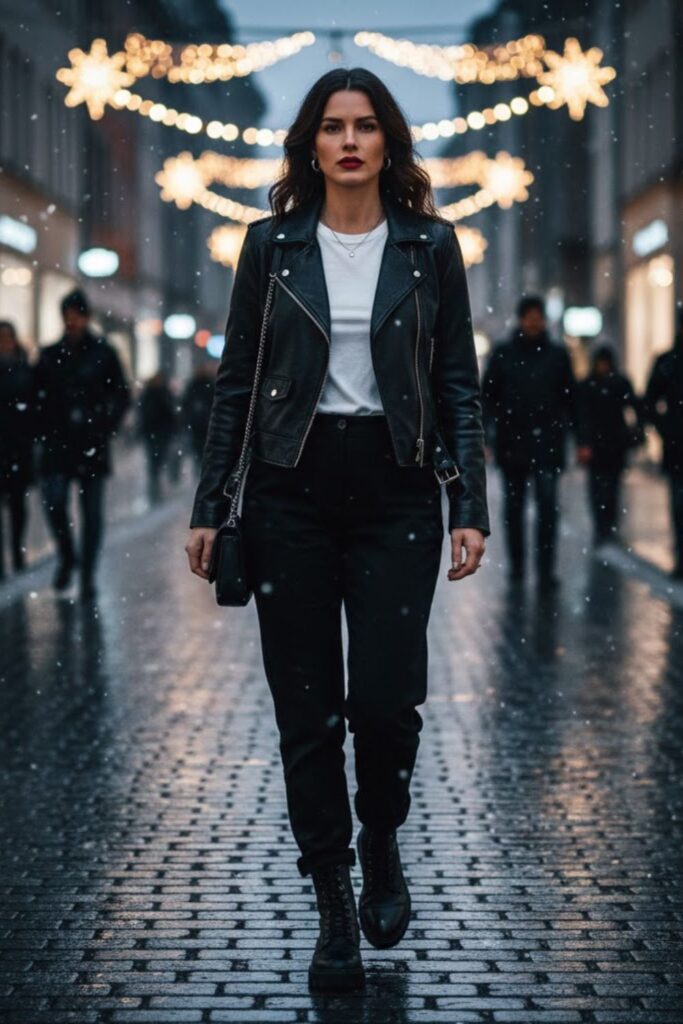 5. Casual Black Trousers with a Leather Jacket