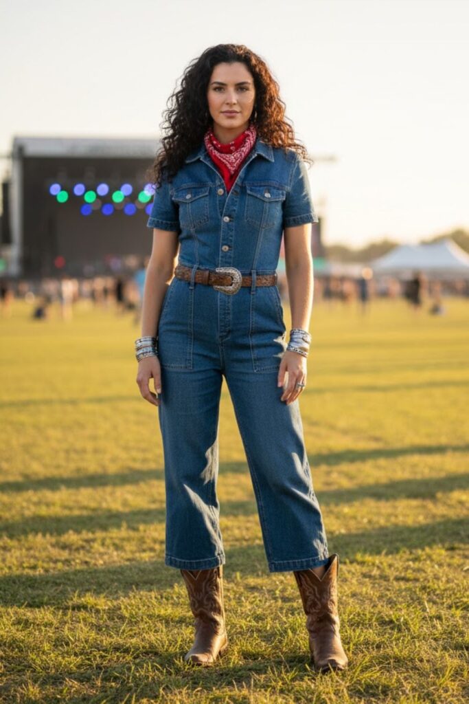 5. Denim jumpsuit + bandana + boots