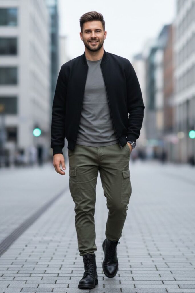 5. Green Cargo Pants with a Bomber Jacket