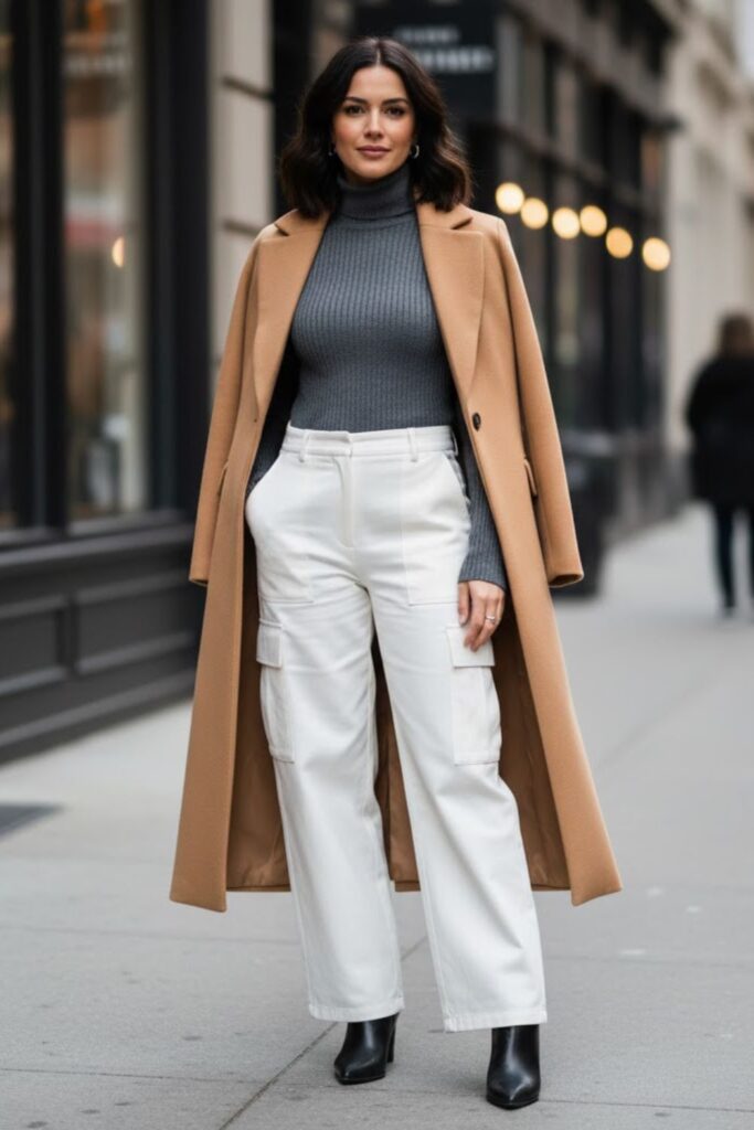 5. White Cargo Pants With a Sleek Turtleneck