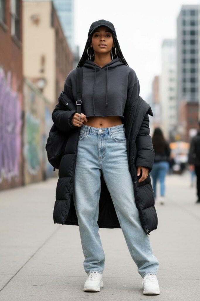 6. Baggy High-Waisted Jeans with Crop Hoodie