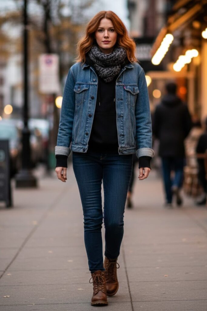 6. Black Hoodie with Layered Denim Jacket and Boots