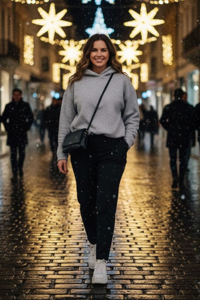 6. Casual Black Trousers with a Neutral Hoodie