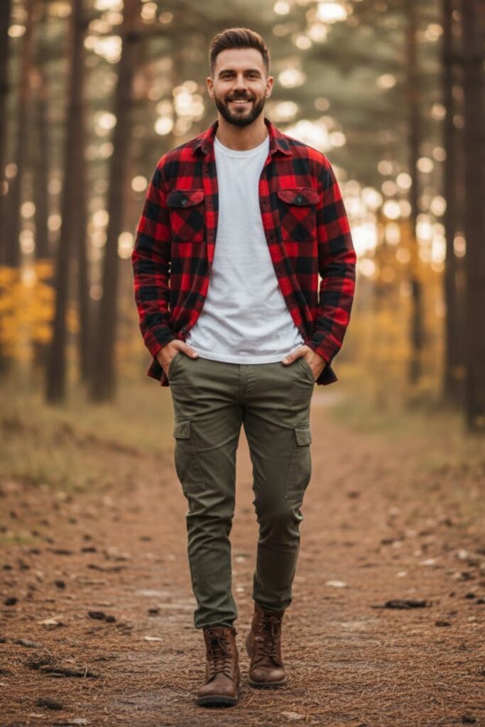 6. Green Cargo Pants with a Flannel Shirt
