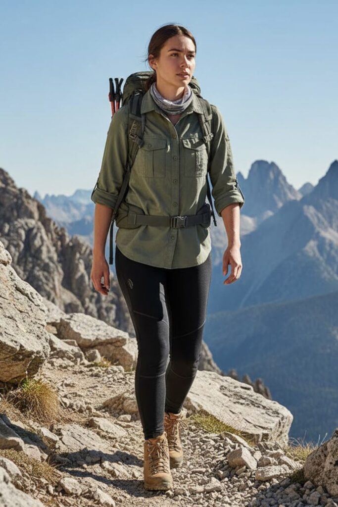 6. Leggings with Cargo-Style Hiking Shirt and Hill Boots