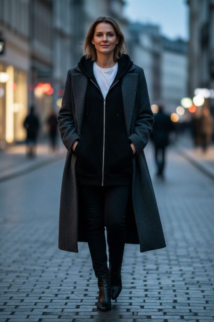 6. Oversized Hoodie with Long Coat