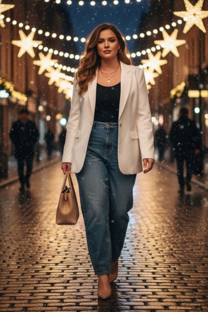 6. White Blazer and Medium-Wash Baggy Jeans