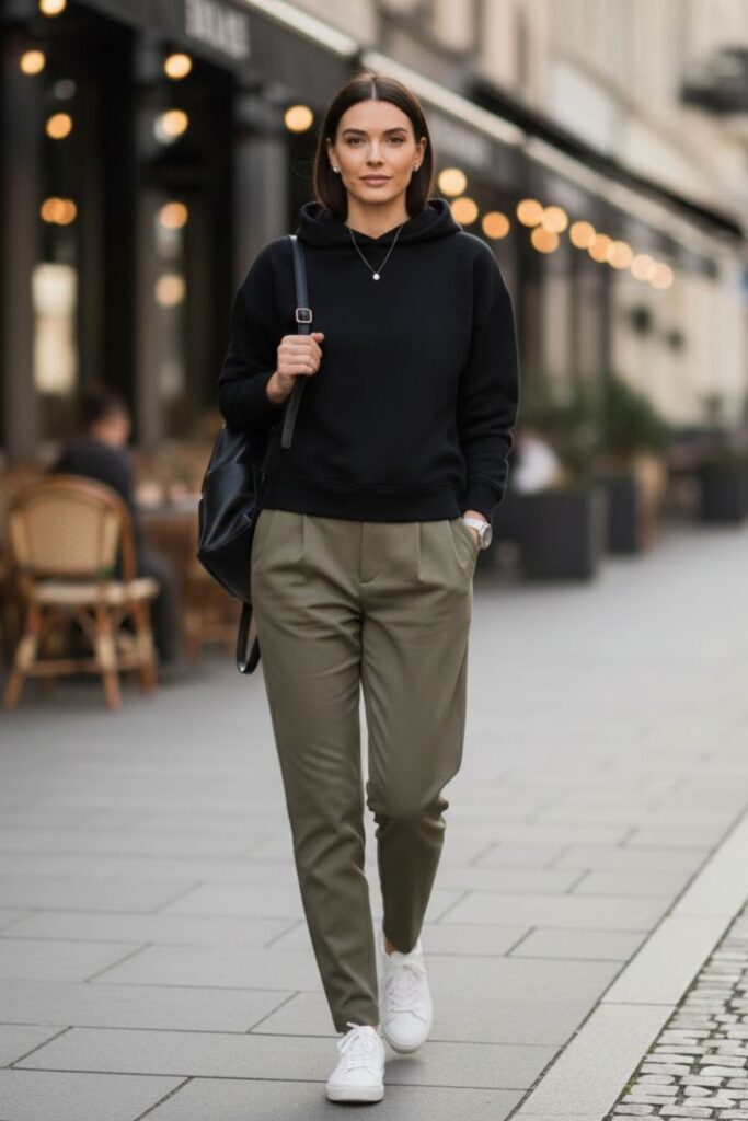 7. Black Hoodie with Tailored Trousers and Minimalist Sneakers