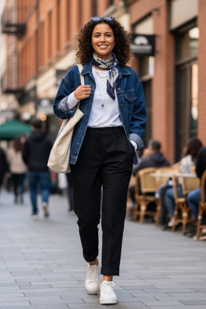 7. Black Trousers with Denim Jacket