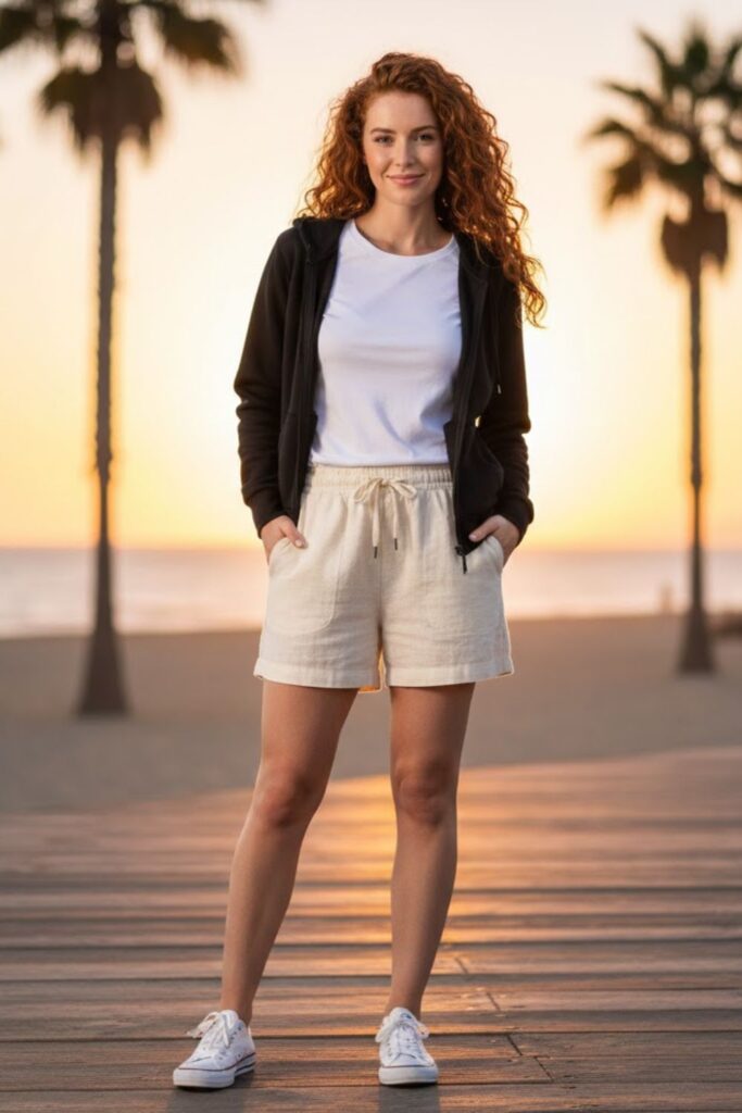 7. Black Zip Up Hoodie with Shorts and Sneakers