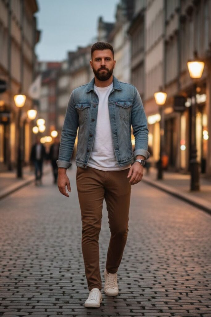 7. Denim Jacket With Brown Pants