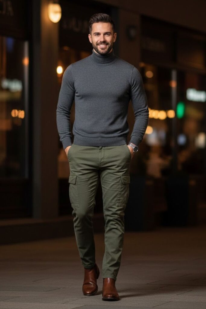 7. Green Cargo Pants with a Turtleneck