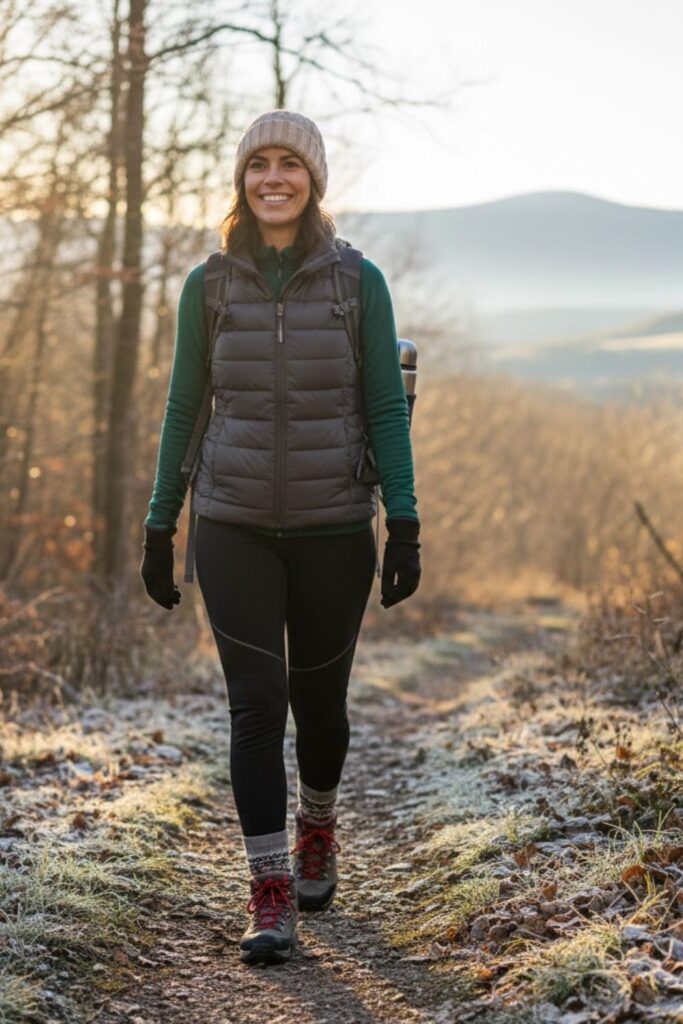 7. Thermal Leggings with Puffy Vest and Long Sleeve Top