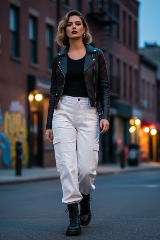 7. White Cargo Pants With a Leather Jacket