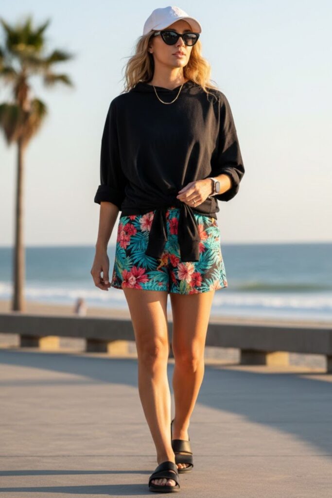 8. Black Hoodie with Short Shorts and Sporty Slides