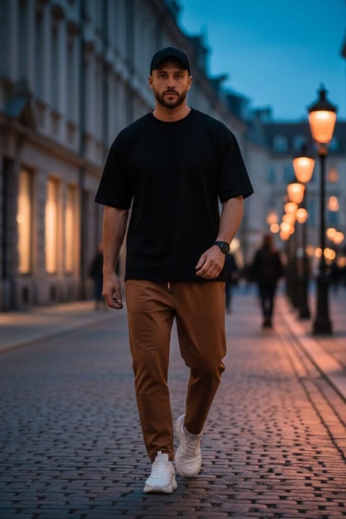 8. Black Oversized Tee With Brown Joggers