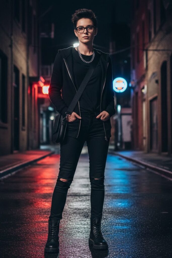 8. Black Zip Up Hoodie with All-Black Outfit