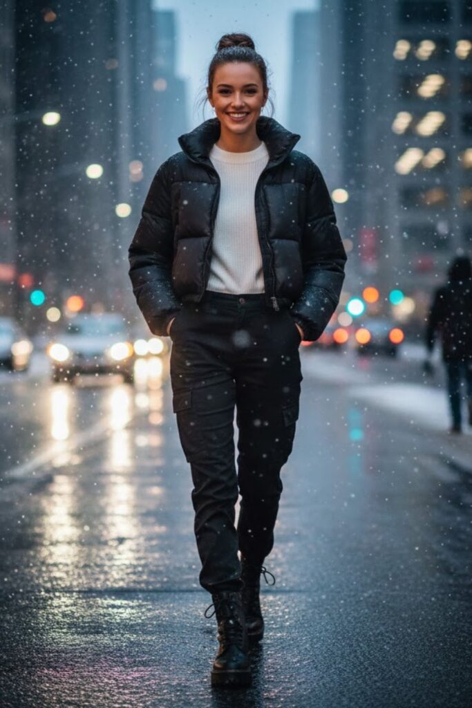8. Cargo Pants With a Puffer Jacket